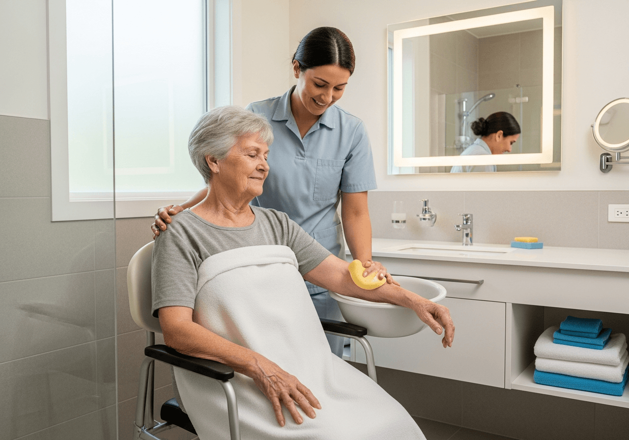 Bathing Support caregiver with patient